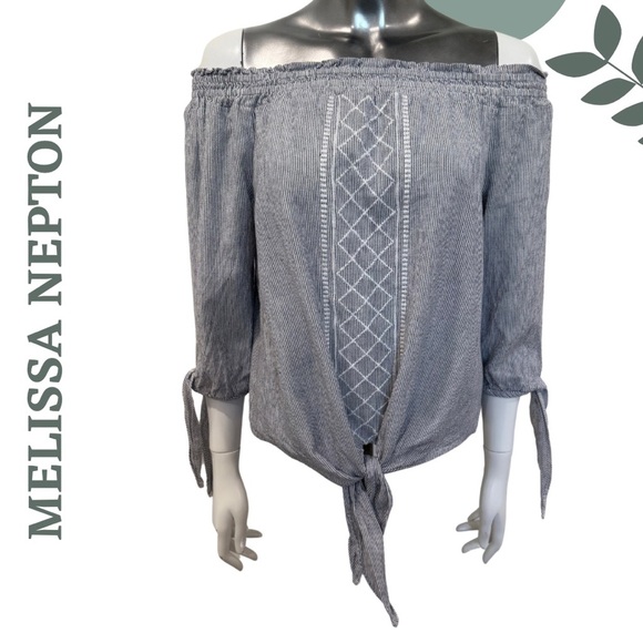 Striped Bardot Blouse Tie Sleeves | Off the Shoulder | Melissa Nepton Medium - Picture 1 of 8